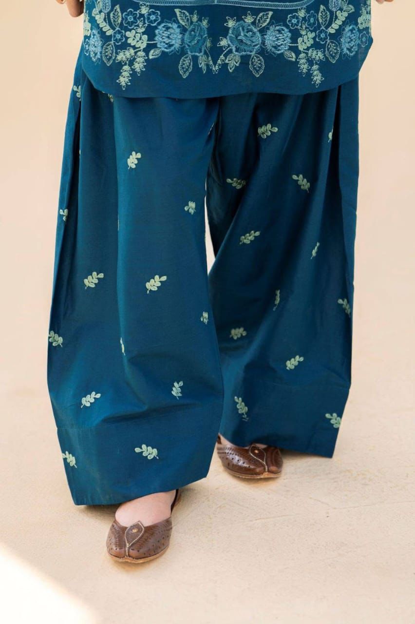 Teal blue embroidered Pakistani dress with trousers and sheer dupatta | Janan Collections