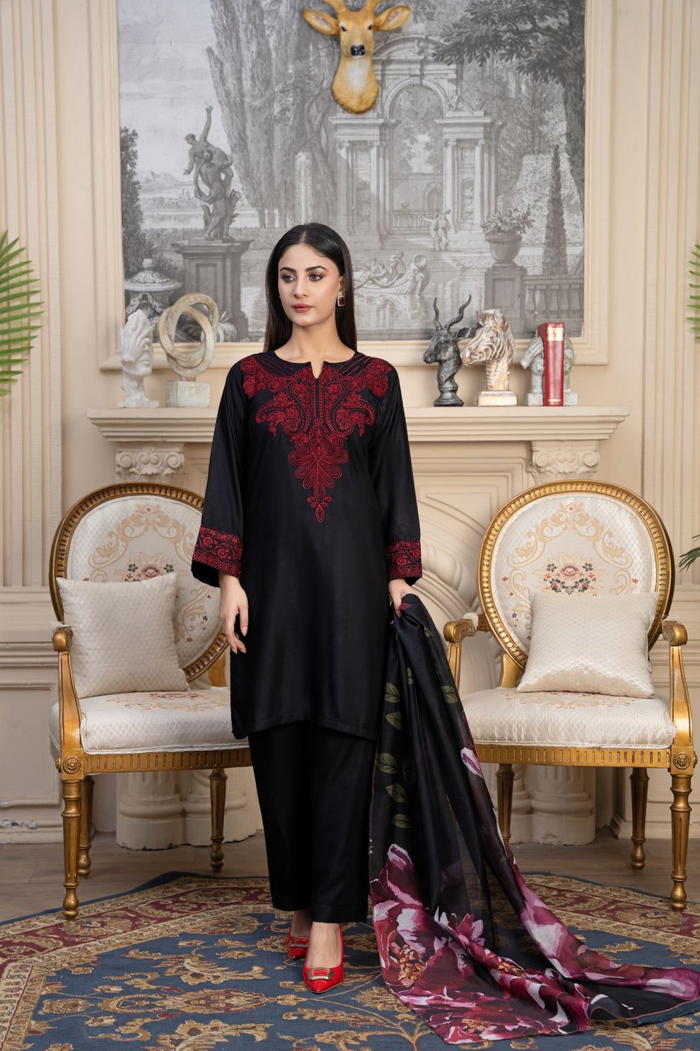 Black and red embroidered Pakistani 3 piece suit with printed dupatta | Janan Collections