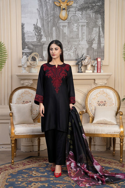 Black and red embroidered Pakistani 3 piece suit with printed dupatta | Janan Collections