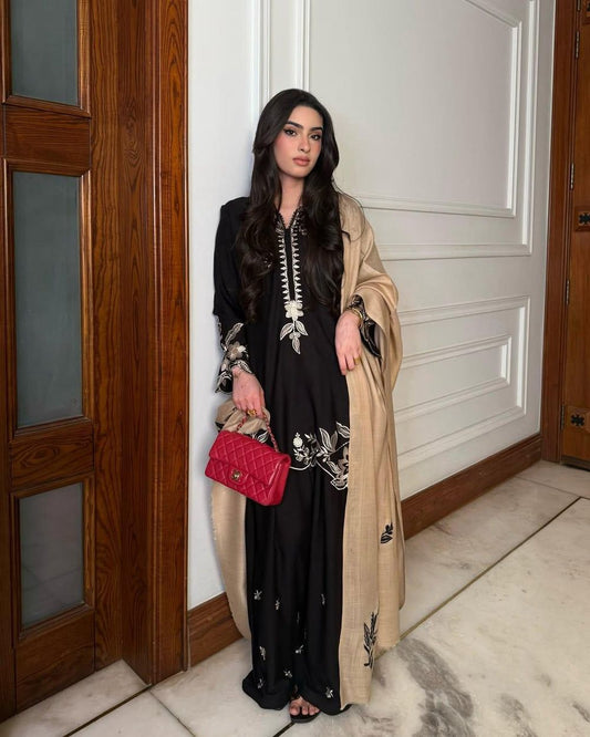 Black embroidered Pakistani 3-piece suit with beige dupatta