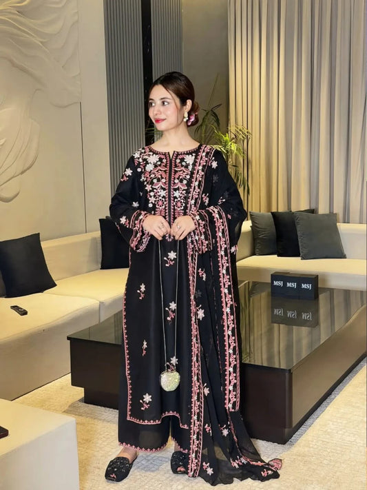 Black embroidered Pakistani 3 piece suit for women with floral embroidery