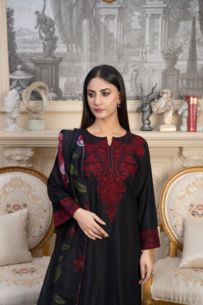 Black embroidered Pakistani dress with red detailing and printed dupatta | Janan Collections