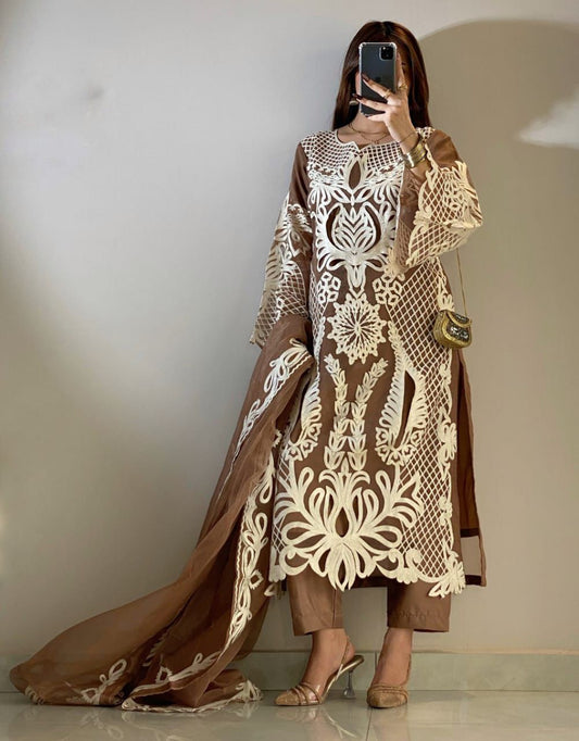 Brown Pakistani suit with detailed embroidered neckline
