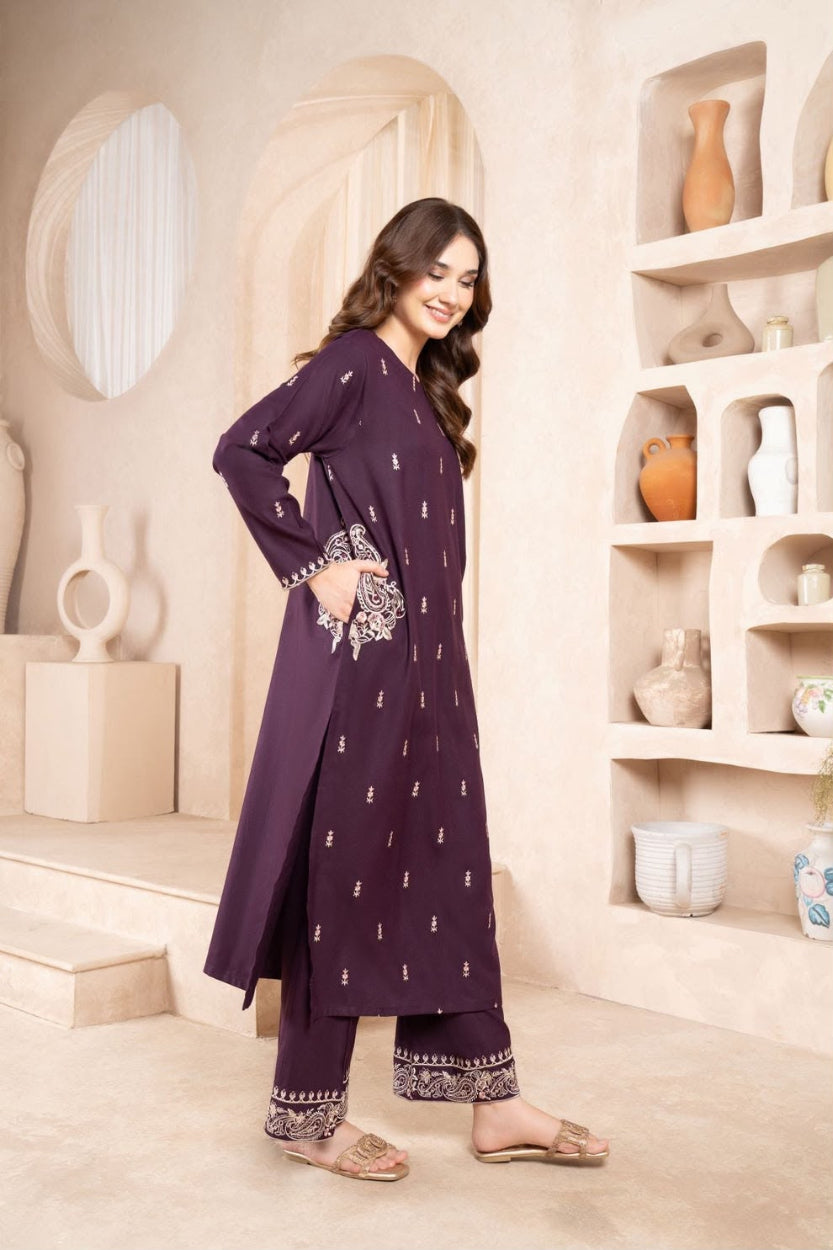 Elegant plum Pakistani embroidered suit with long kurta