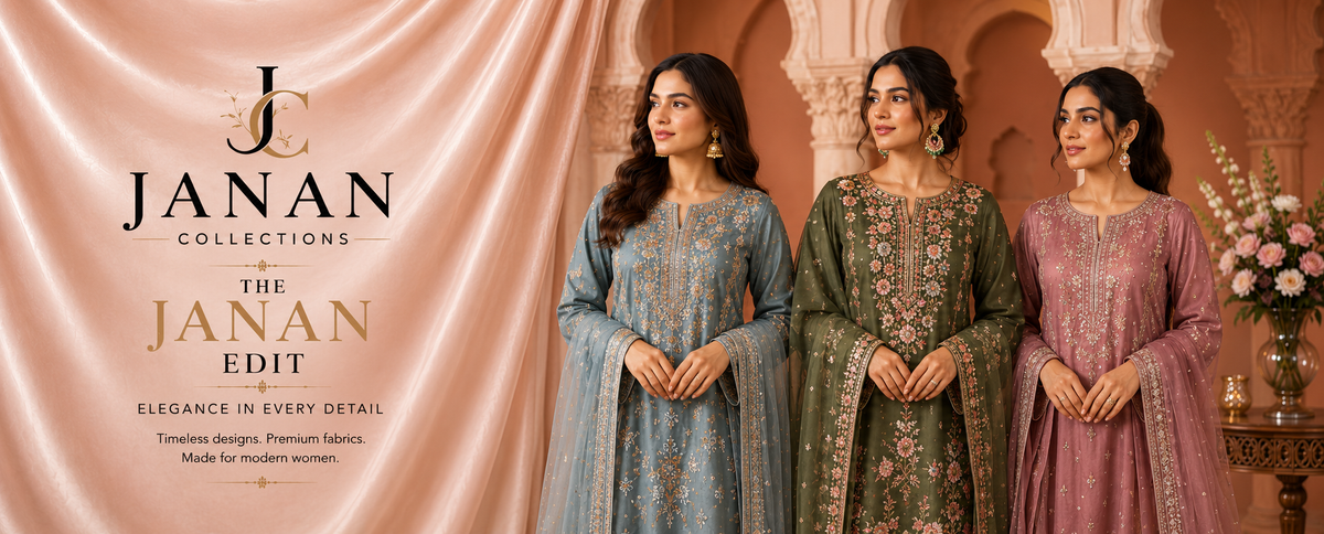 Janan Collections fashion banner featuring three women wearing embroidered Pakistani outfits in teal, purple and light blue