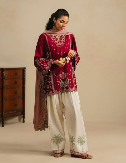 Maroon embroidered Pakistani 3-piece suit with pink dupatta
