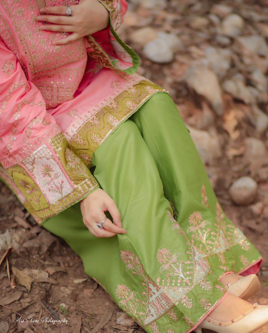 Pink and green embroidered Pakistani 3-piece suit with detailed trousers