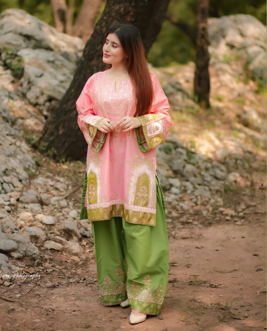 Pink embroidered Pakistani 3-piece suit with green trousers and dupatta