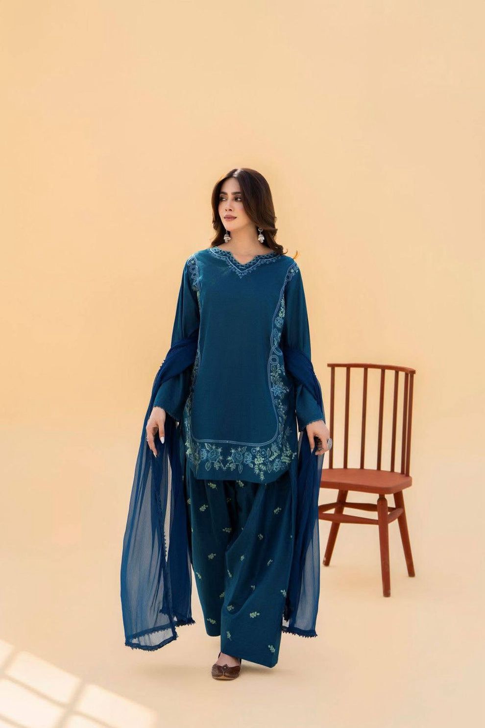 Teal blue embroidered Pakistani 3 piece suit with matching dupatta | Janan Collections