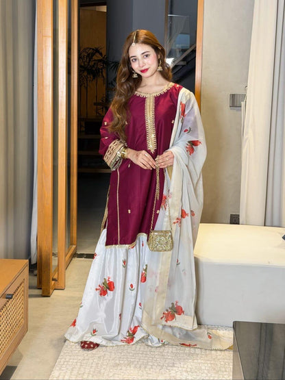 Janan Collection maroon and ivory floral women's dress for festive occasions
