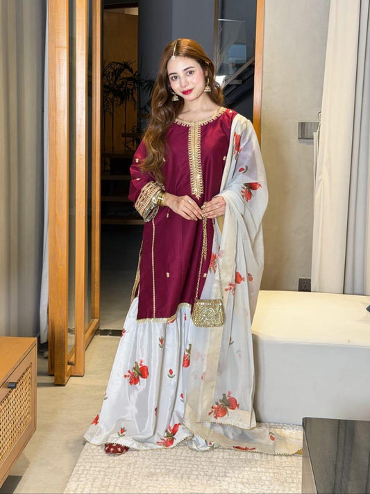 Janan Collection maroon and ivory floral women's dress for festive occasions
