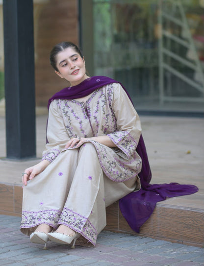 Pakistani cream embroidered lawn suit with purple dupatta, full outfit view