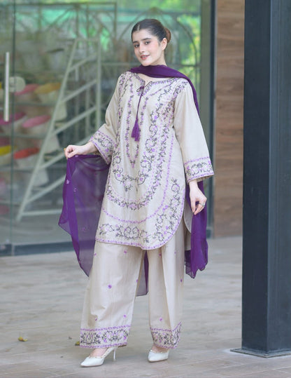 Cream and purple embroidered lawn 3 piece suit with dupatta for women