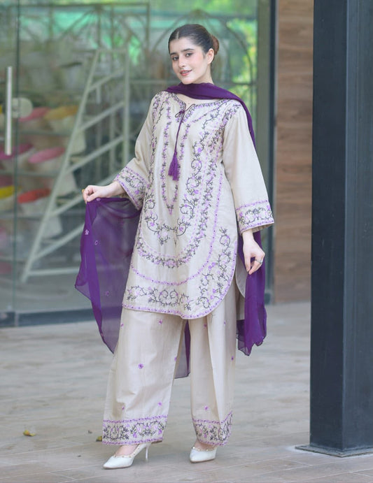 Cream and purple embroidered lawn 3 piece suit with dupatta for women