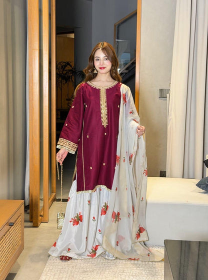 Janan Collection maroon embroidered women's dress with ivory floral dupatta